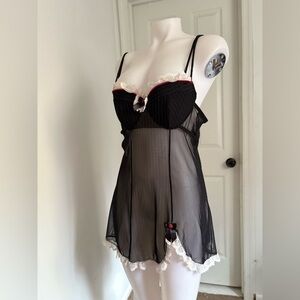 Elegant Black Chemise with White Lace and Red Trim